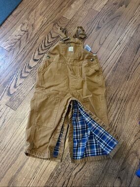 Carhartt Kids Tan Canvas Overalls with Blue Plaid Lining